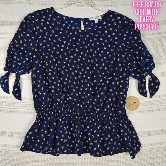 E&M Navy Blue Floral Blouse Puff Sleeve Tie Detail Top Size XL NWT - Picture 1 of 9